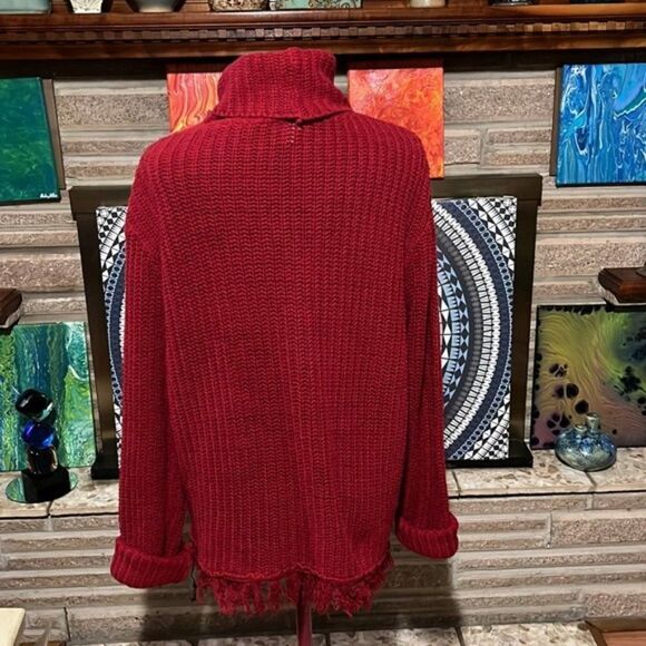 Chelsea Studio Red Chunky Knit Oversized Pullover Sweater Fringe Medium - Picture 6 of 9
